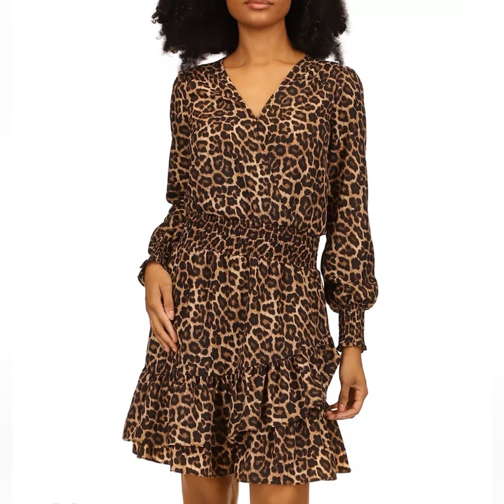 Michael Kors Women’s Julia Smocked Ruffled Leopard Print Long Sleeve Dress Large